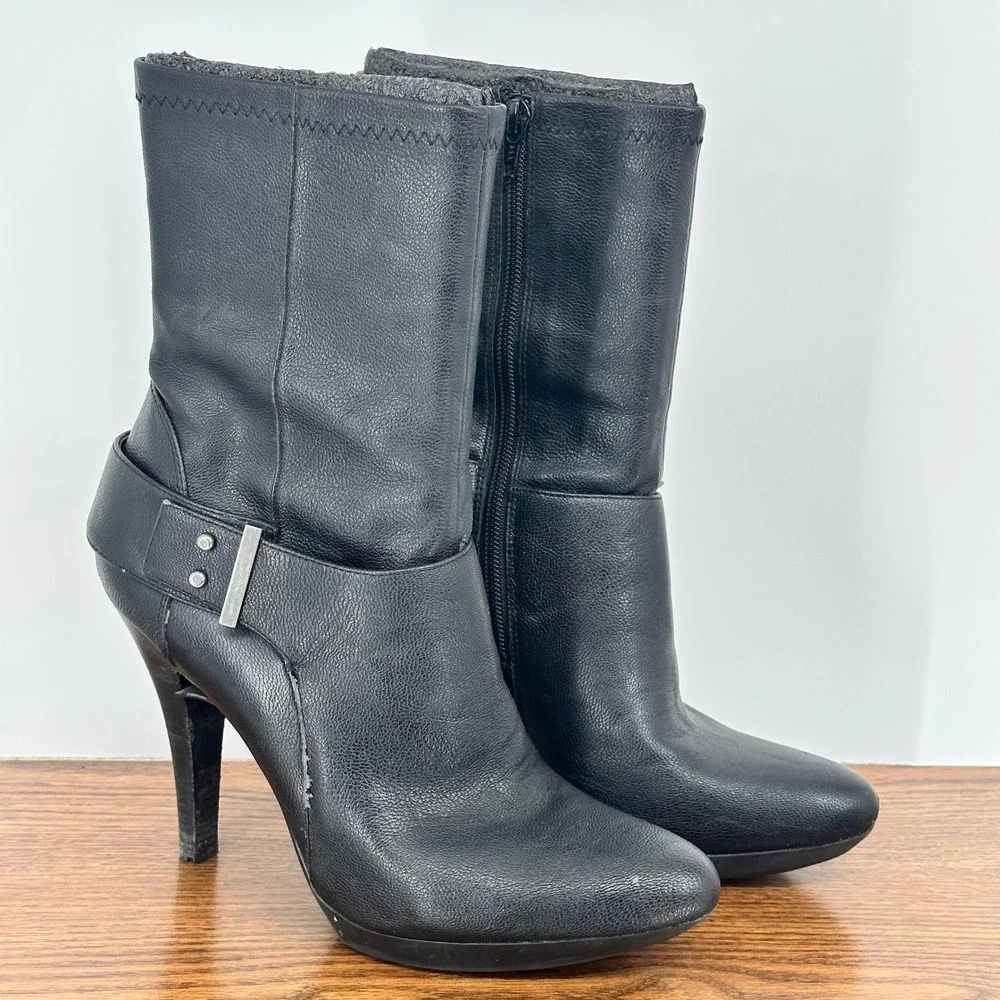 Nine West Womens Black Mid Calf Stiletto Boots Harness‎ Strap Studded 9M Grunge